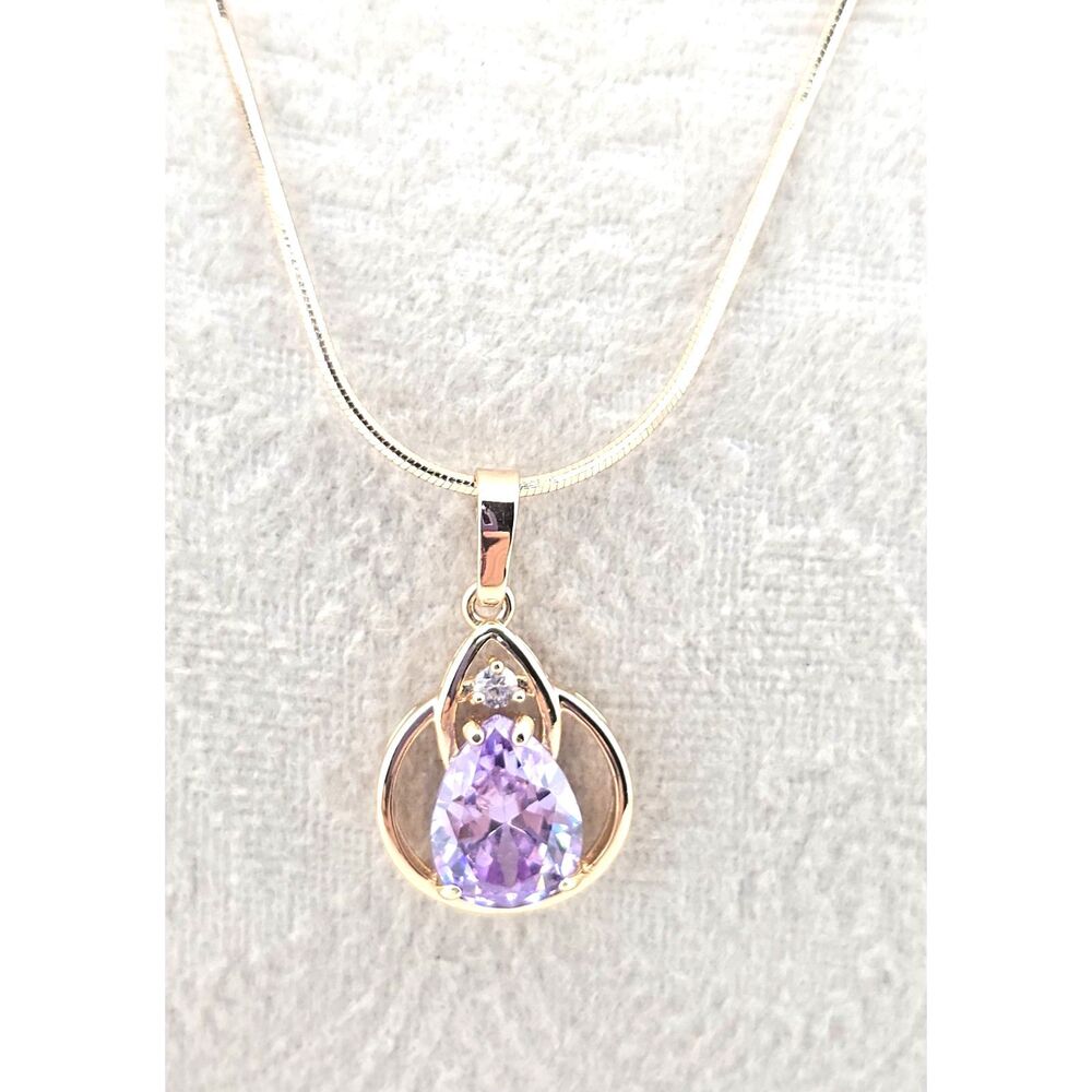 XP Gold Plated Pendant Necklace Pear Cut Glass Amethyst 19” Snake Chain Elegant - Picture 3 of 8